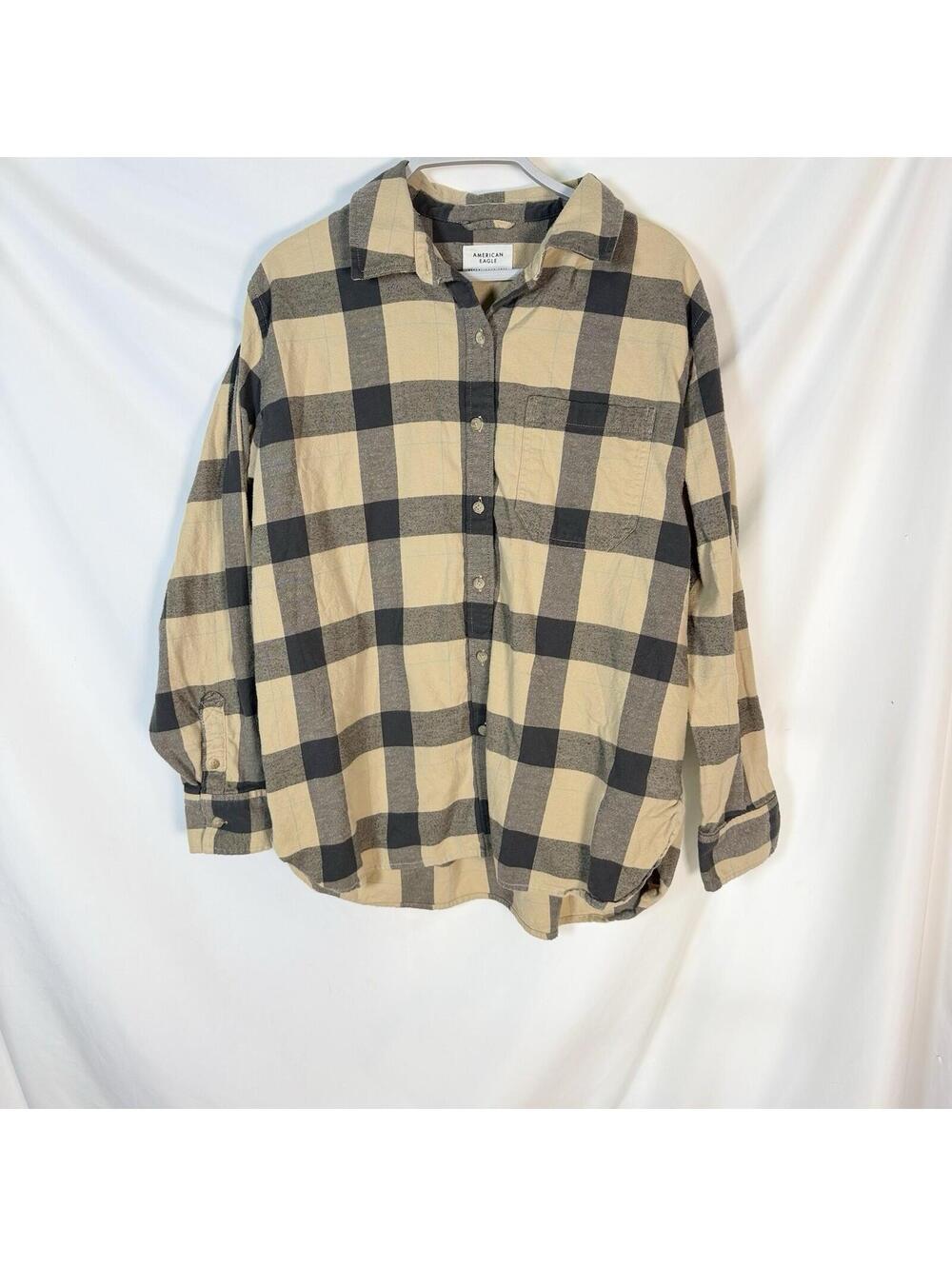 American Eagle Mens Flannel Shirt Tan Gray Buffalo Plaid Long Sleeve Medium